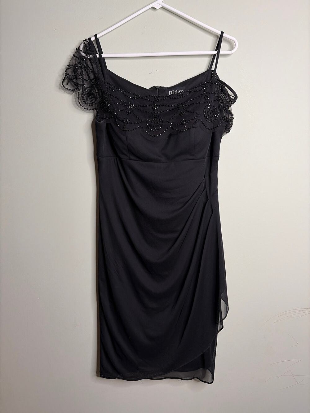 DJ Jaz Black Beaded Mesh One Shoulder Bodycon Mini Dress Size 12